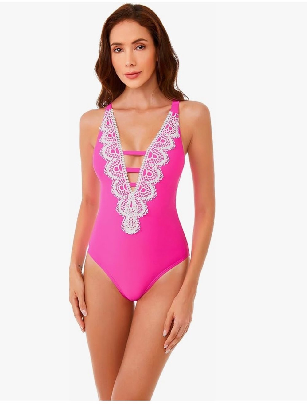 Lace-Trim Hot Pink Plunge One-Piece Swimsuit